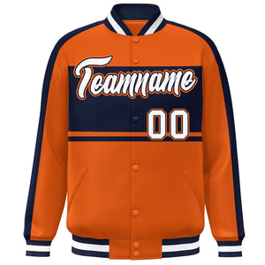 Custom Orange Navy-White Color Block Bomber Varsity Baseball Jacket