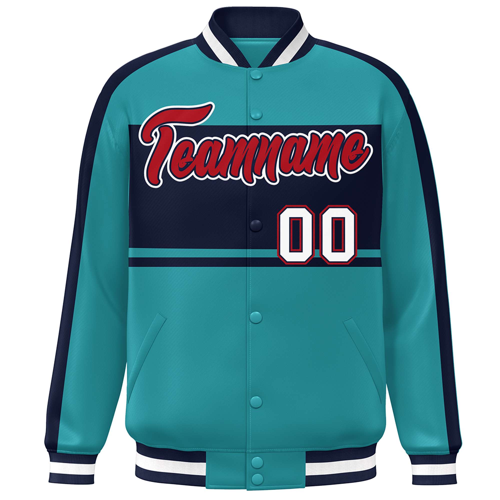 Custom Aqua Navy-Red Color Block Bomber Varsity Baseball Jacket