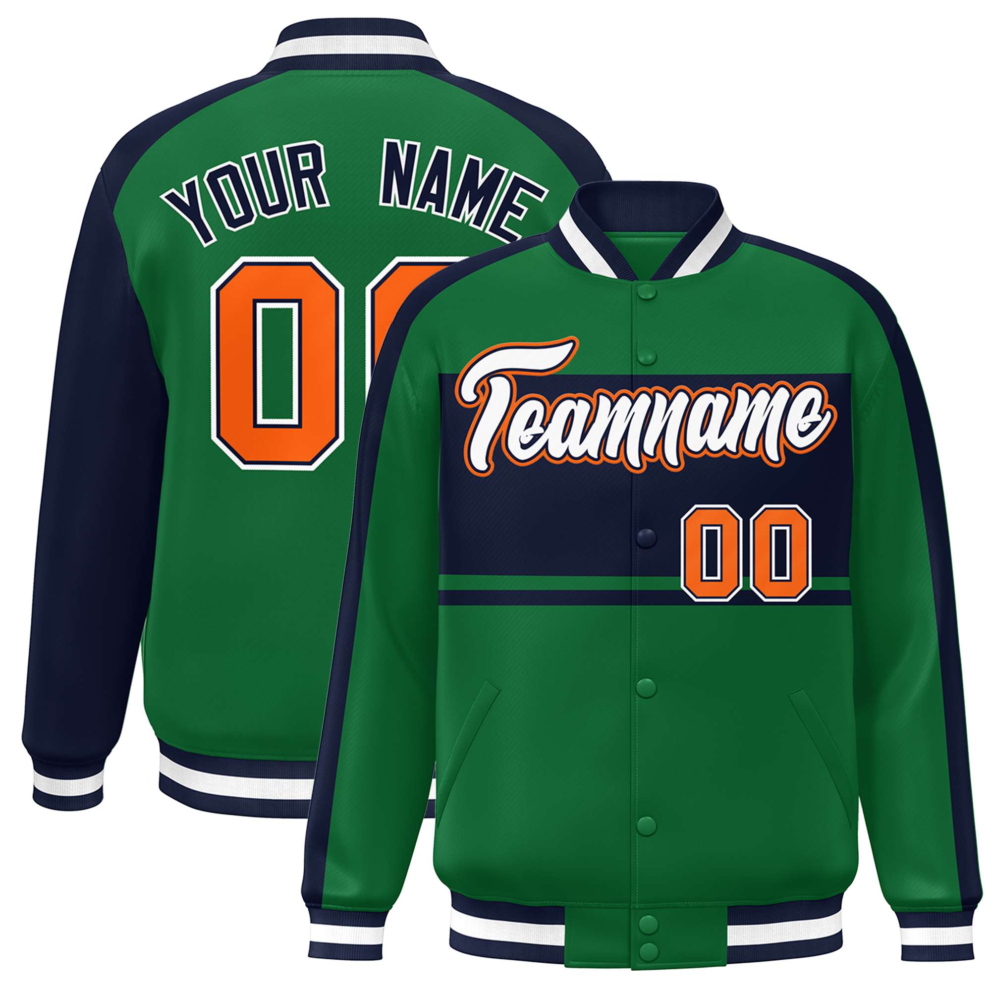 Custom Green Navy-White Color Block Bomber Varsity Baseball Jacket