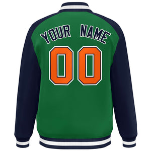 Custom Green Navy-White Color Block Bomber Varsity Baseball Jacket