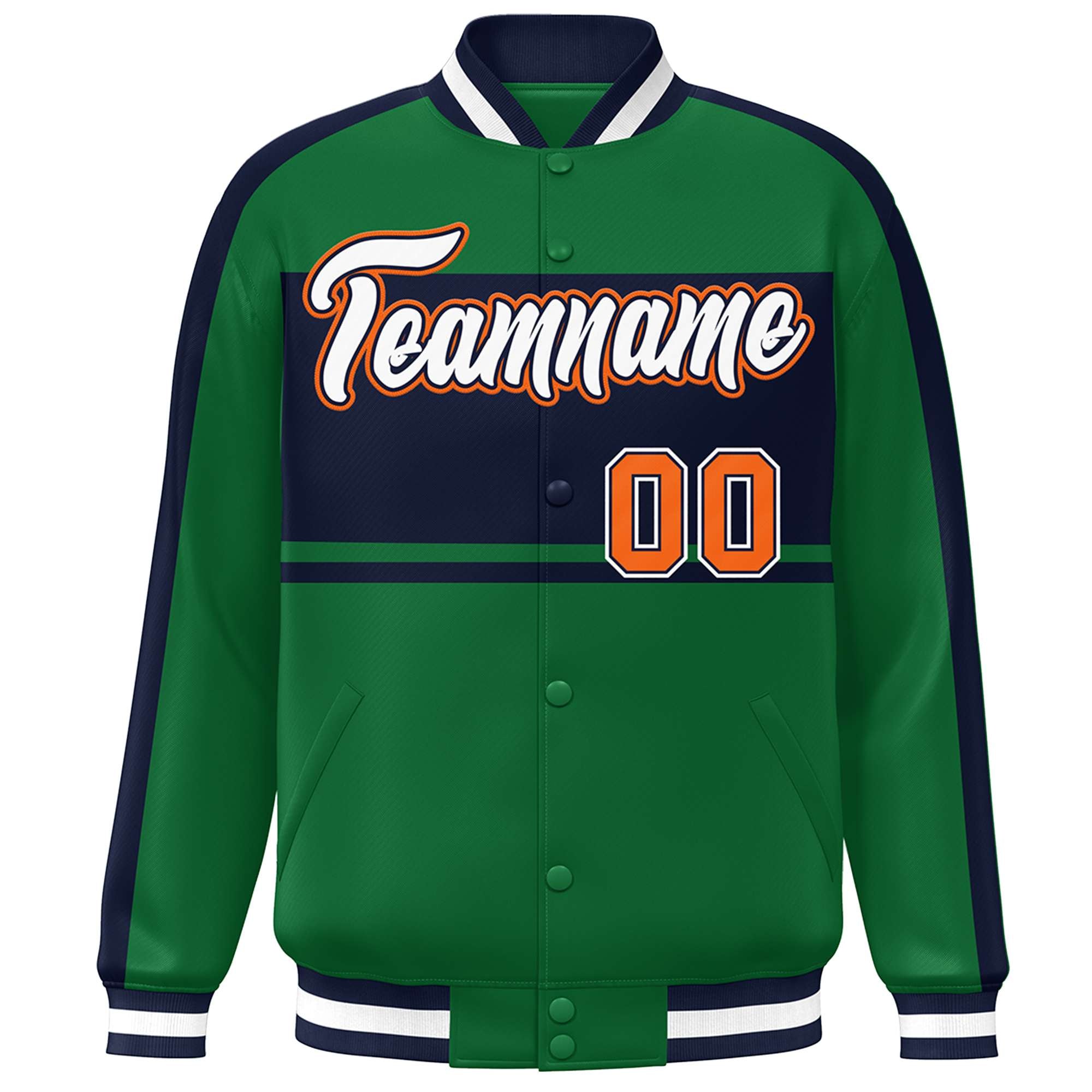 Custom Green Navy-White Color Block Bomber Varsity Baseball Jacket