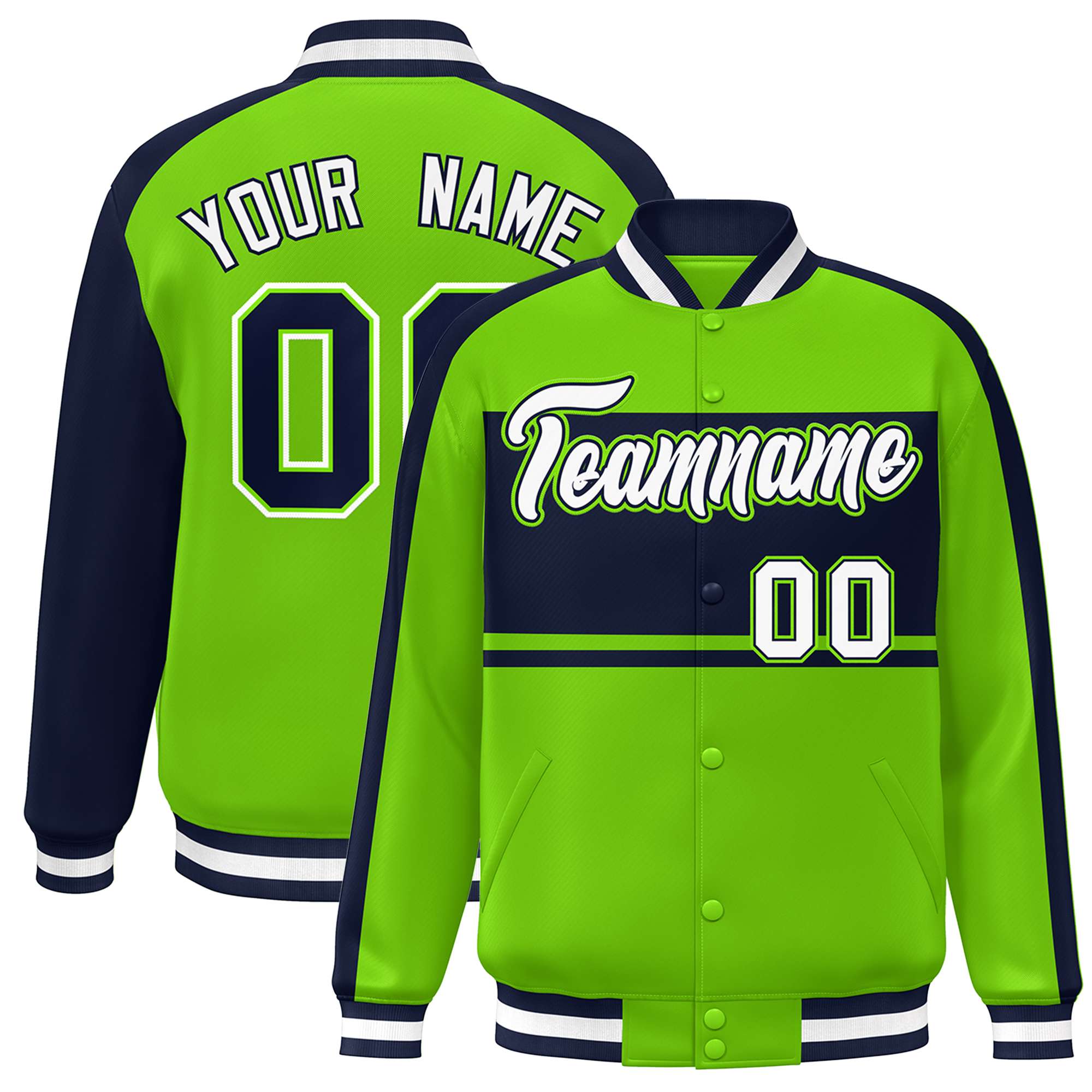 Custom Neon Green Navy-White Color Block Bomber Varsity Baseball Jacket