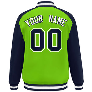 Custom Neon Green Navy-White Color Block Bomber Varsity Baseball Jacket