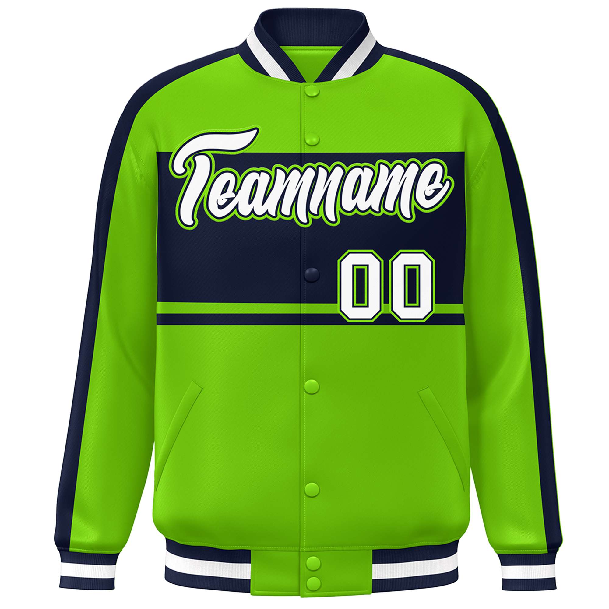 Custom Neon Green Navy-White Color Block Bomber Varsity Baseball Jacket