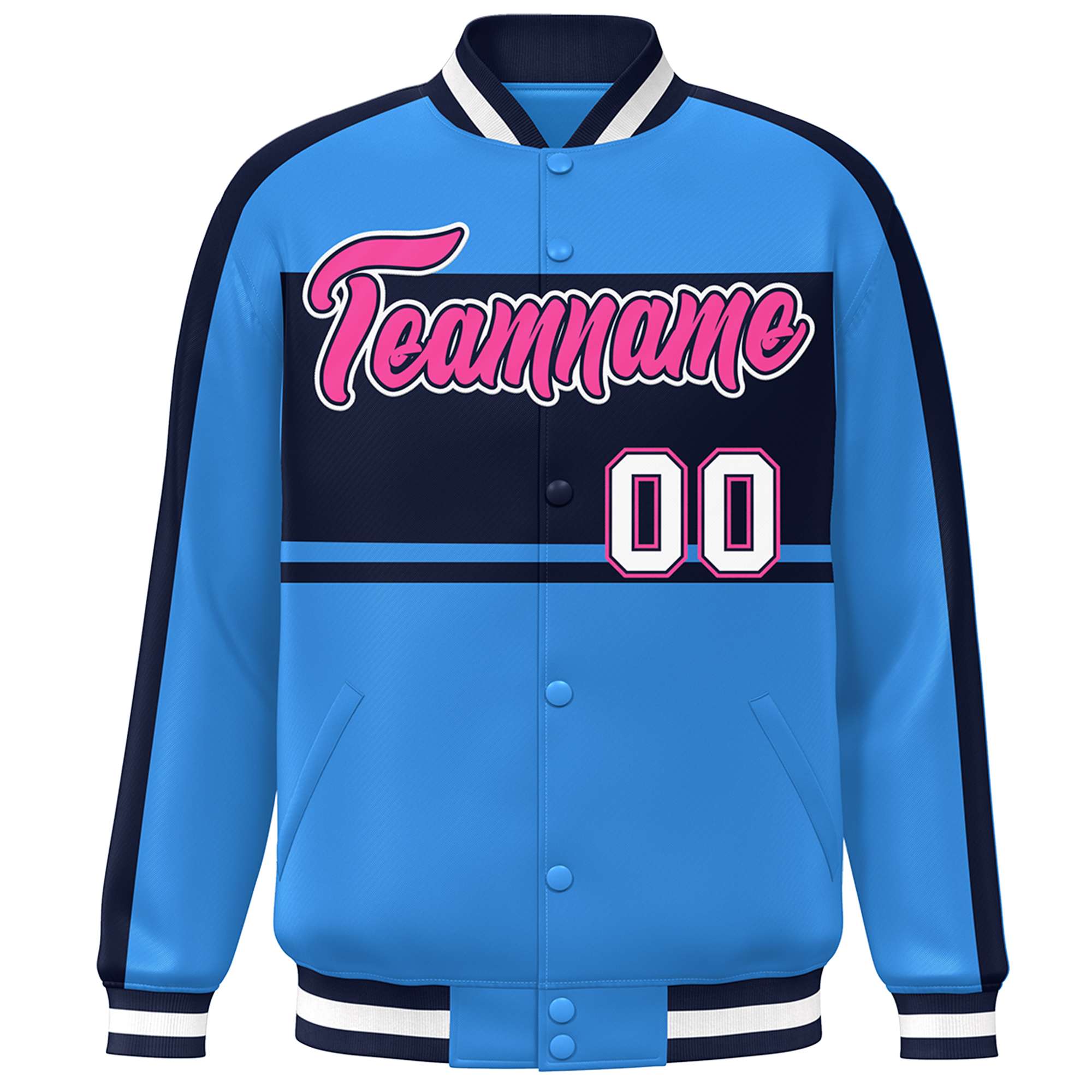 Custom Powder Blue Navy-Pink Color Block Bomber Varsity Baseball Jacket