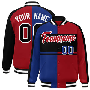 Custom Royal Red-Black Color Block Bomber Varsity Baseball Jacket