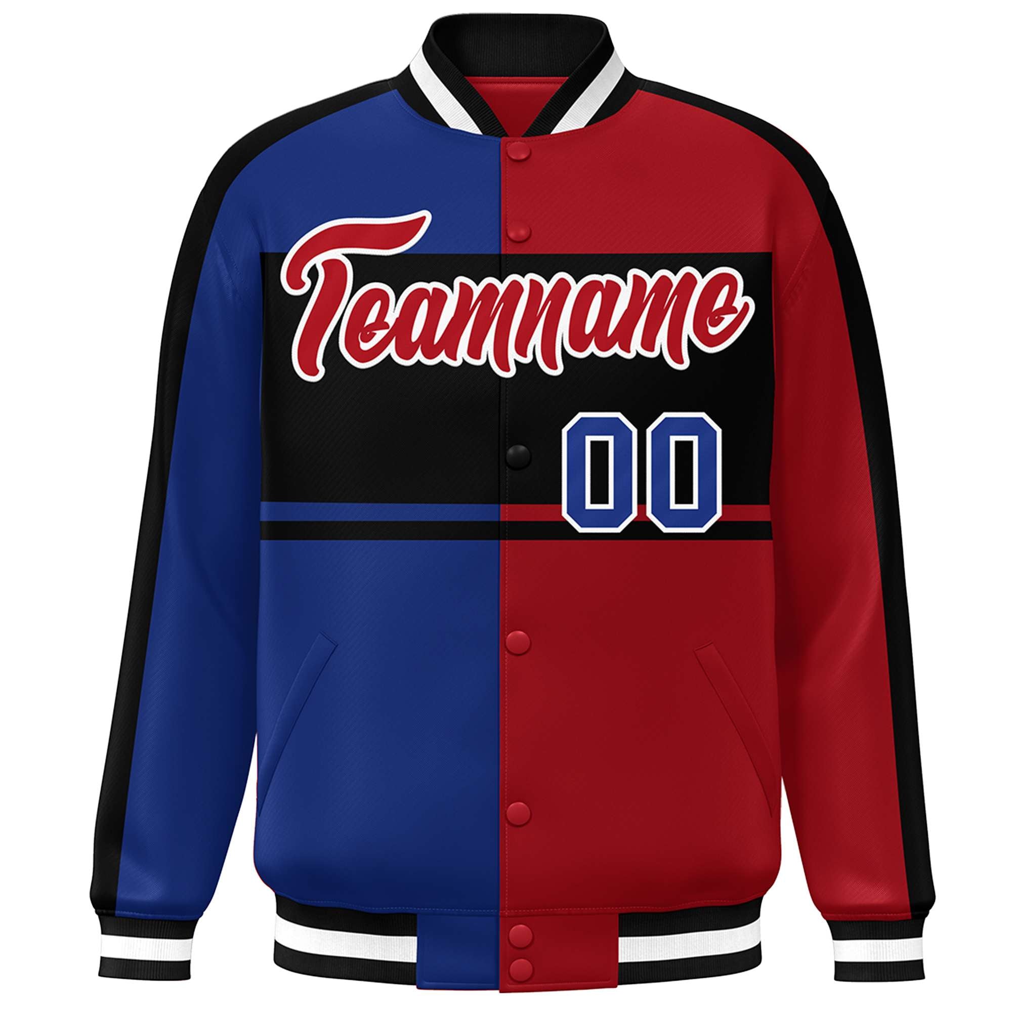 Custom Royal Red-Black Color Block Bomber Varsity Baseball Jacket