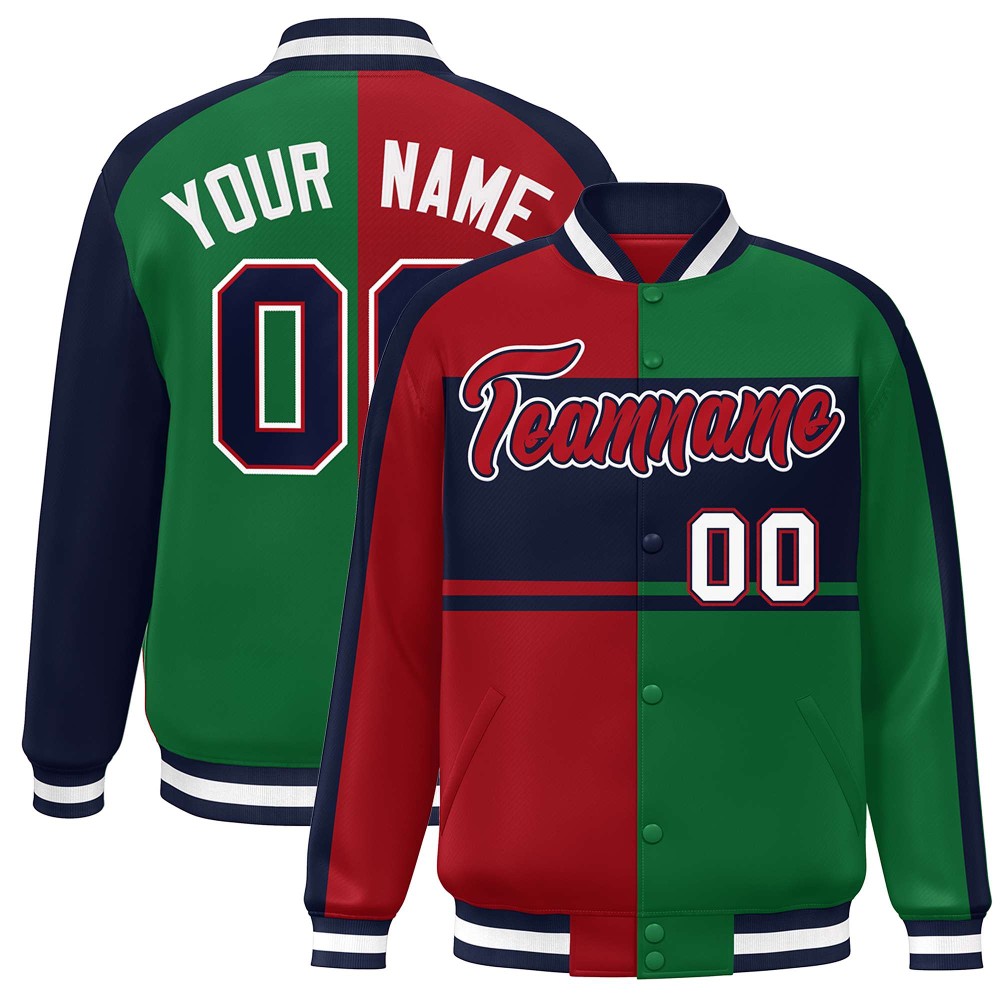 Custom Red Green-Navy Color Block Bomber Varsity Baseball Jacket