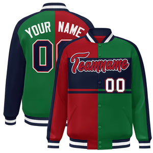 Custom Red Green-Navy Color Block Bomber Varsity Baseball Jacket