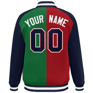 Custom Red Green-Navy Color Block Bomber Varsity Baseball Jacket