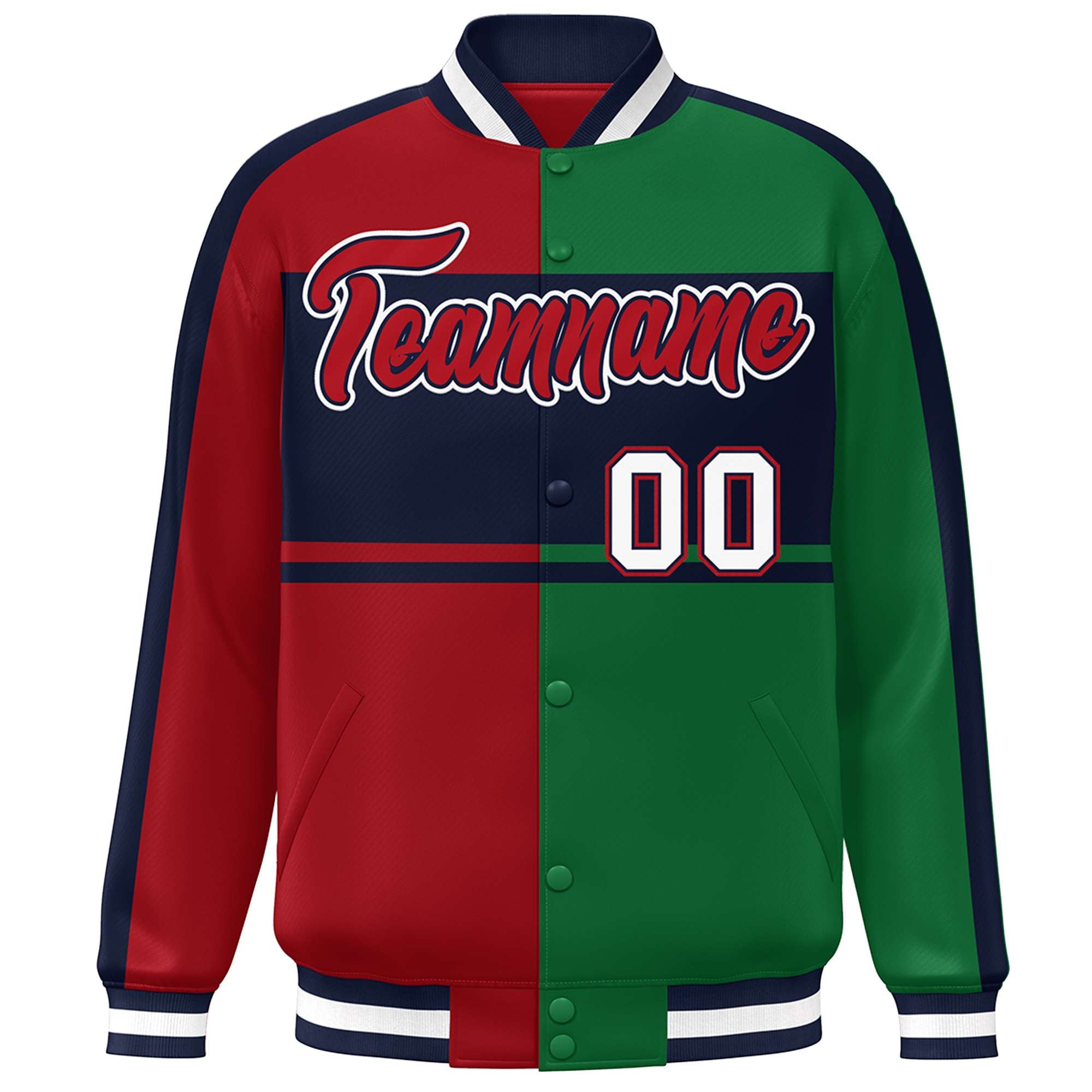 Custom Red Green-Navy Color Block Bomber Varsity Baseball Jacket