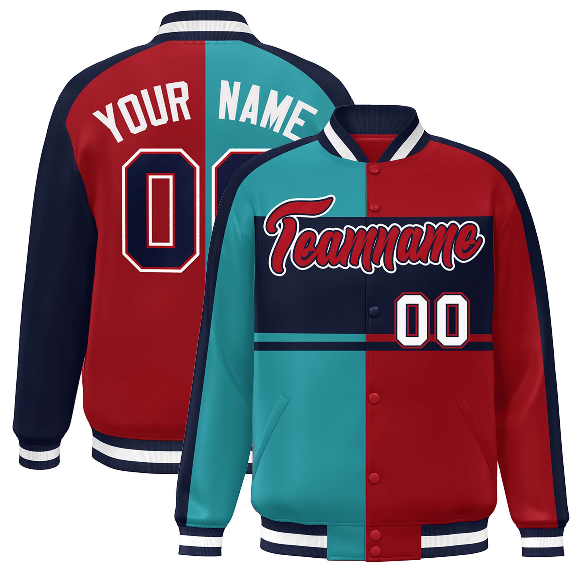 Custom Aqua Red-Navy Color Block Bomber Varsity Baseball Jacket