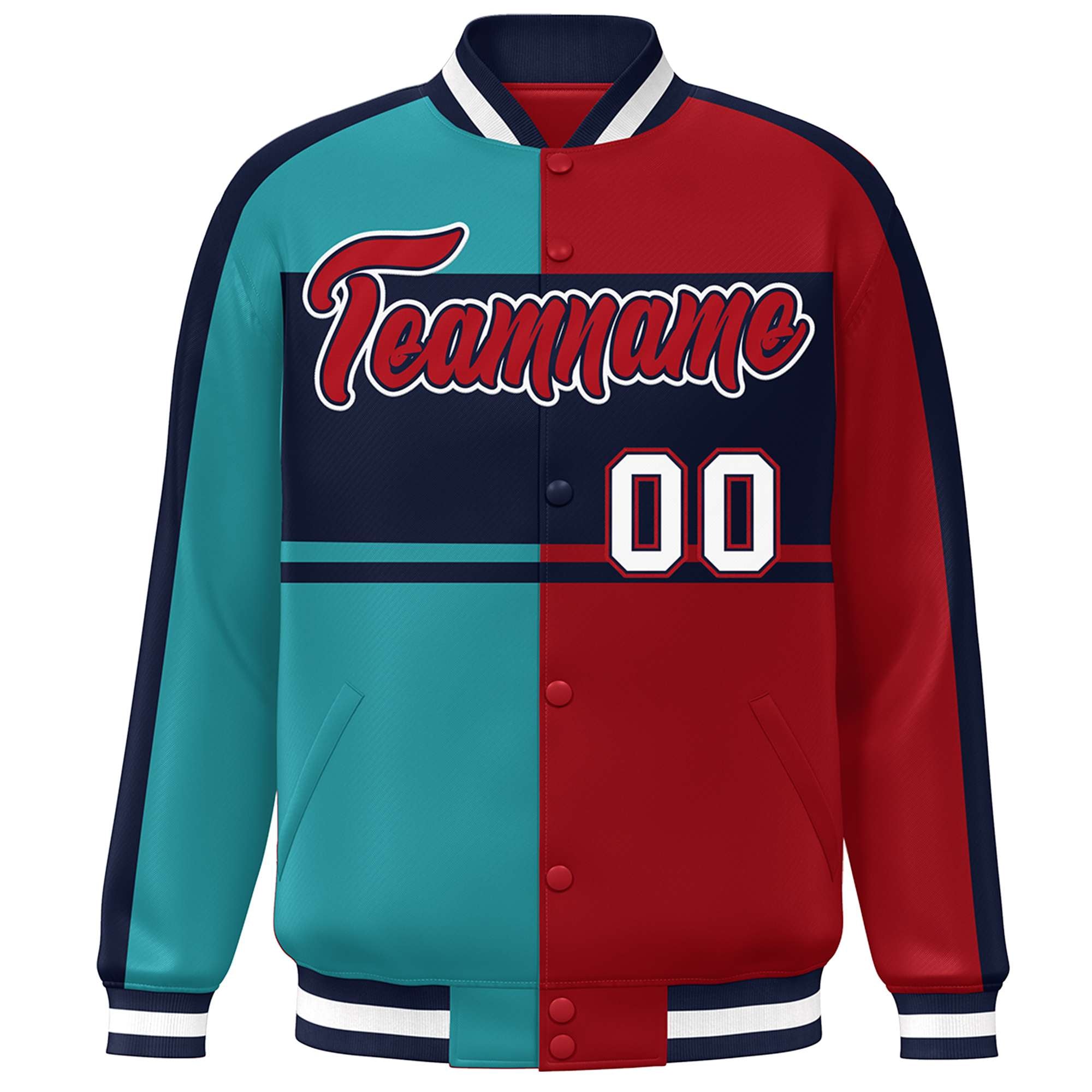 Custom Aqua Red-Navy Color Block Bomber Varsity Baseball Jacket