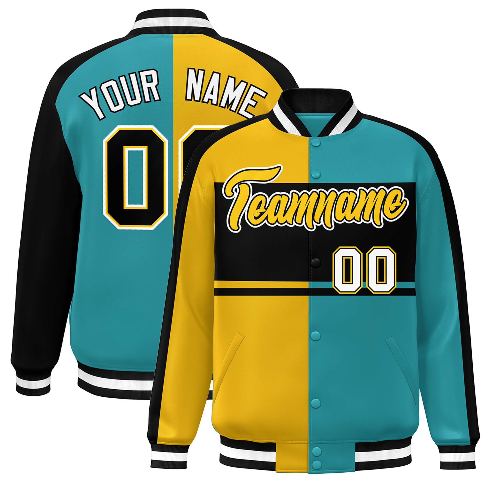 Custom Gold Aqua-Black Color Block Bomber Varsity Baseball Jacket