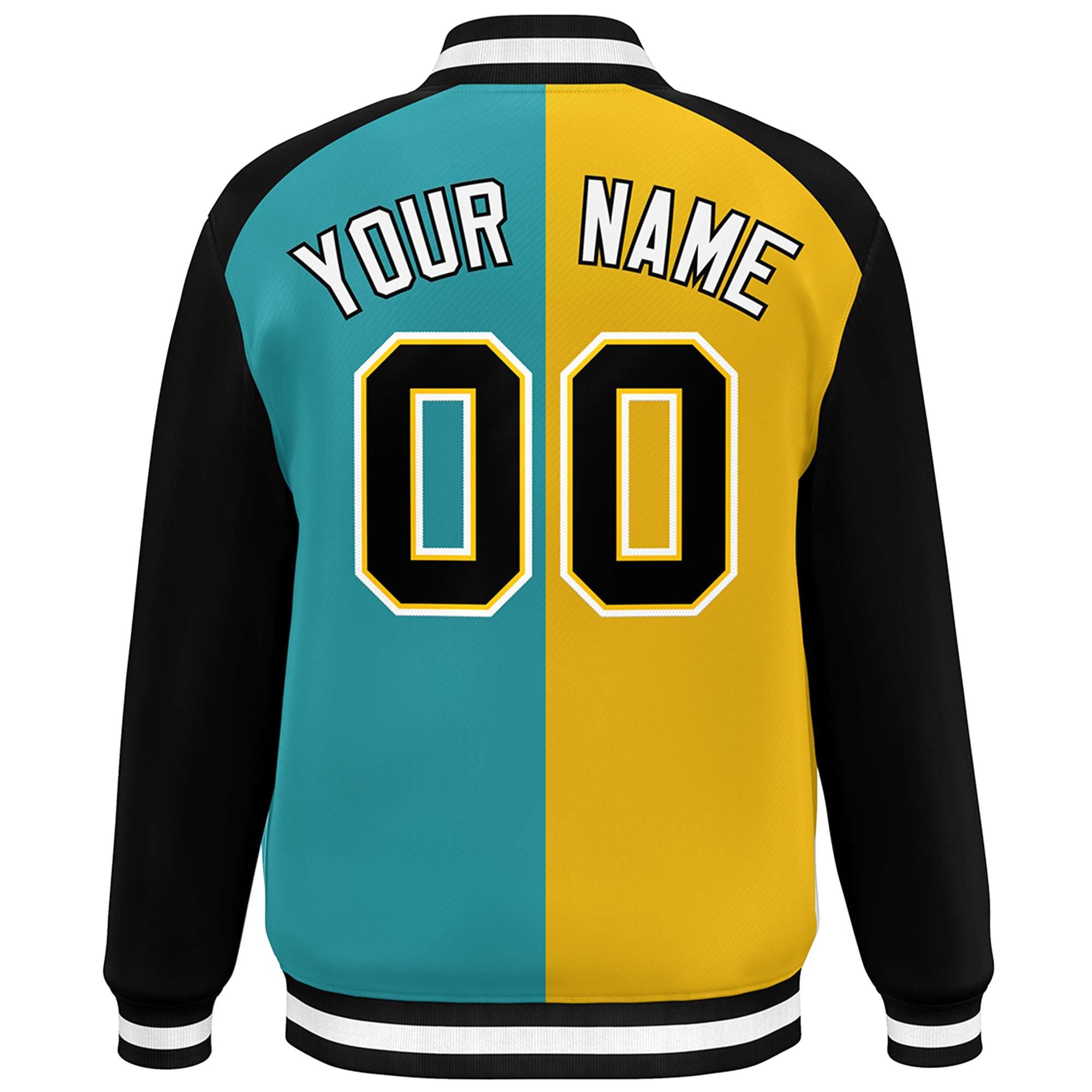 Custom Gold Aqua-Black Color Block Bomber Varsity Baseball Jacket