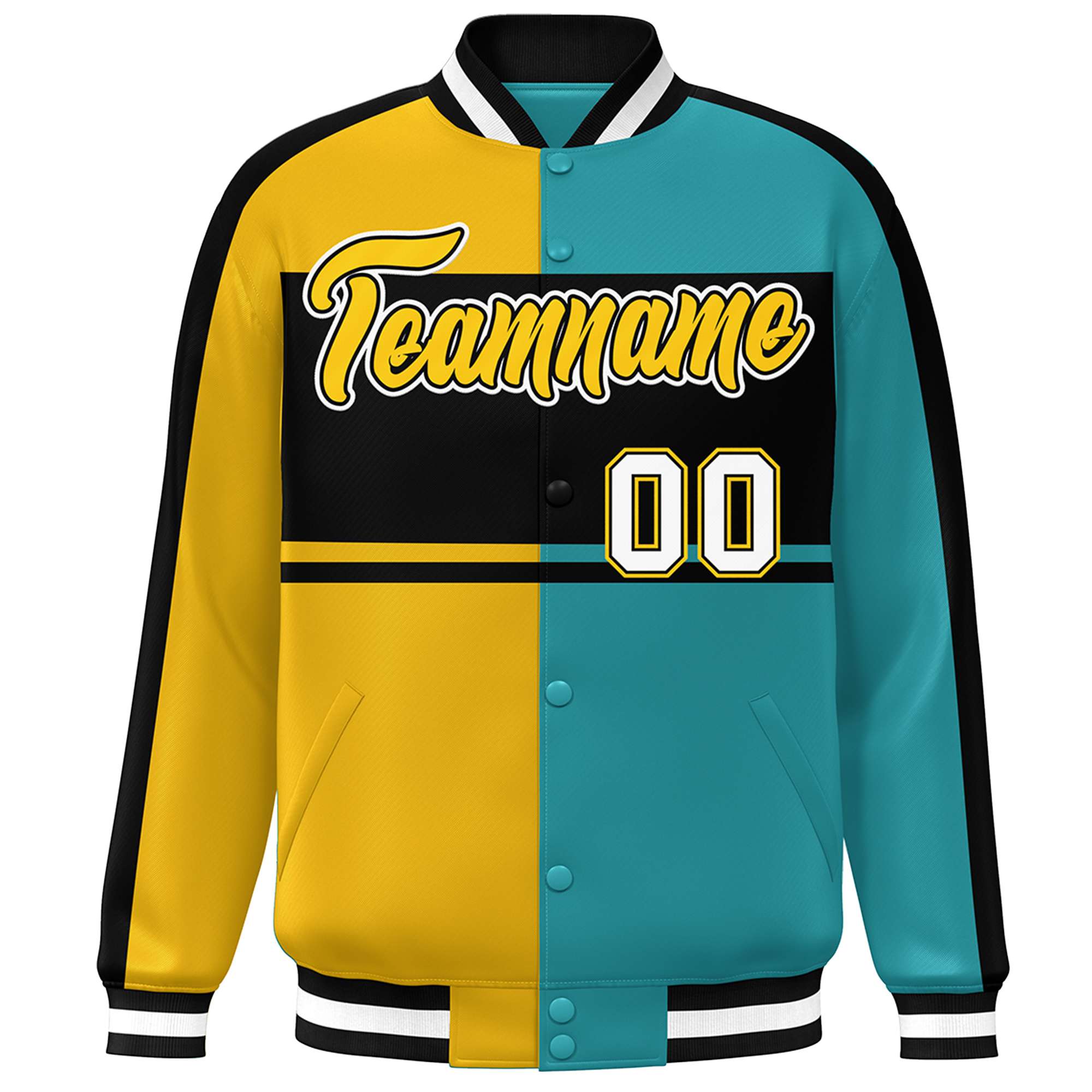 Custom Gold Aqua-Black Color Block Bomber Varsity Baseball Jacket