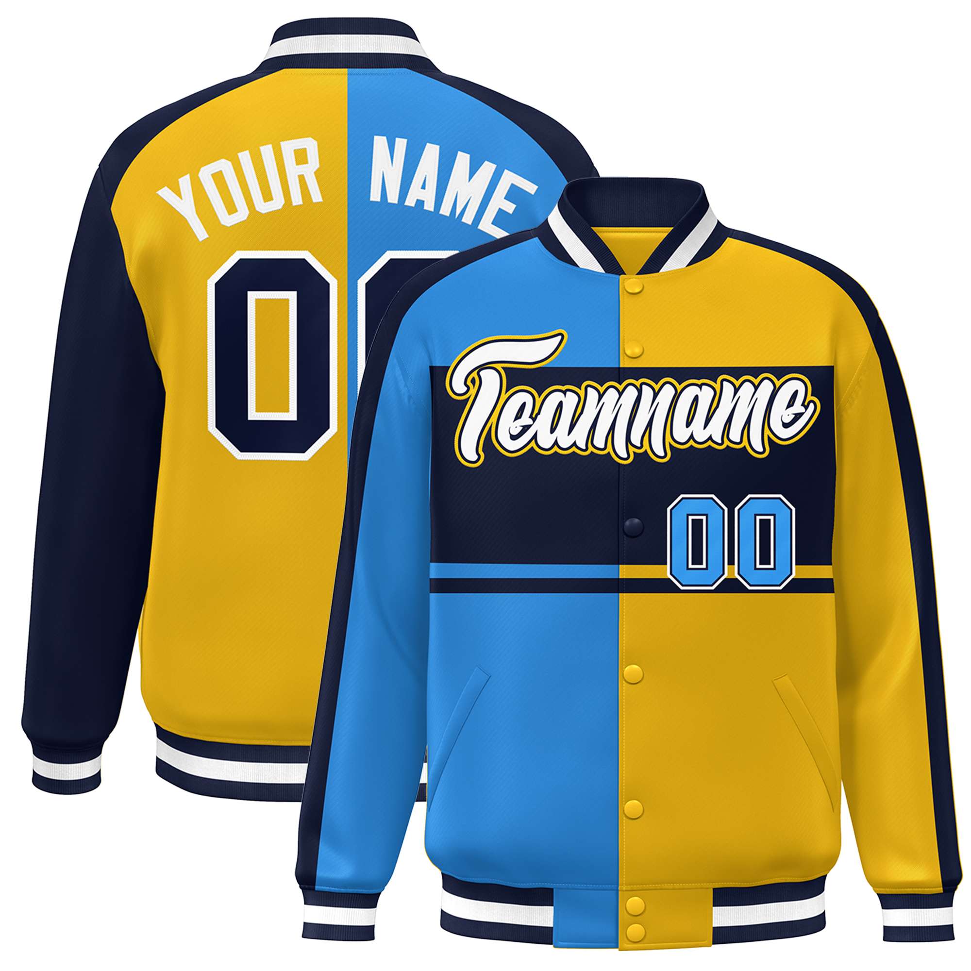 Custom Powder Blue Gold Navy-White Color Block Bomber Varsity Baseball Jacket