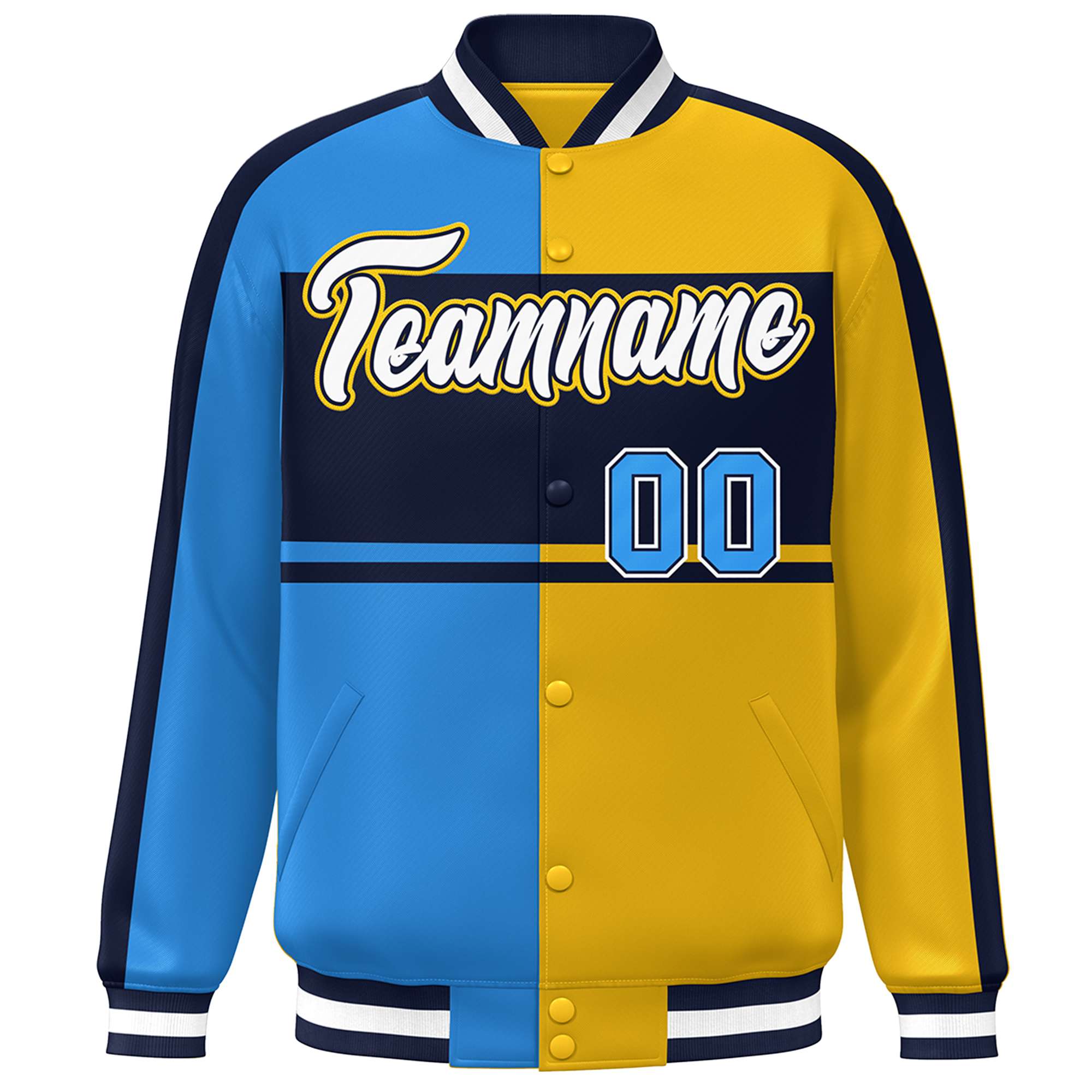 Custom Powder Blue Gold Navy-White Color Block Bomber Varsity Baseball Jacket