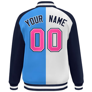 Custom White Powder Blue Navy-Pink Color Block Bomber Varsity Baseball Jacket