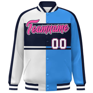 Custom White Powder Blue Navy-Pink Color Block Bomber Varsity Baseball Jacket