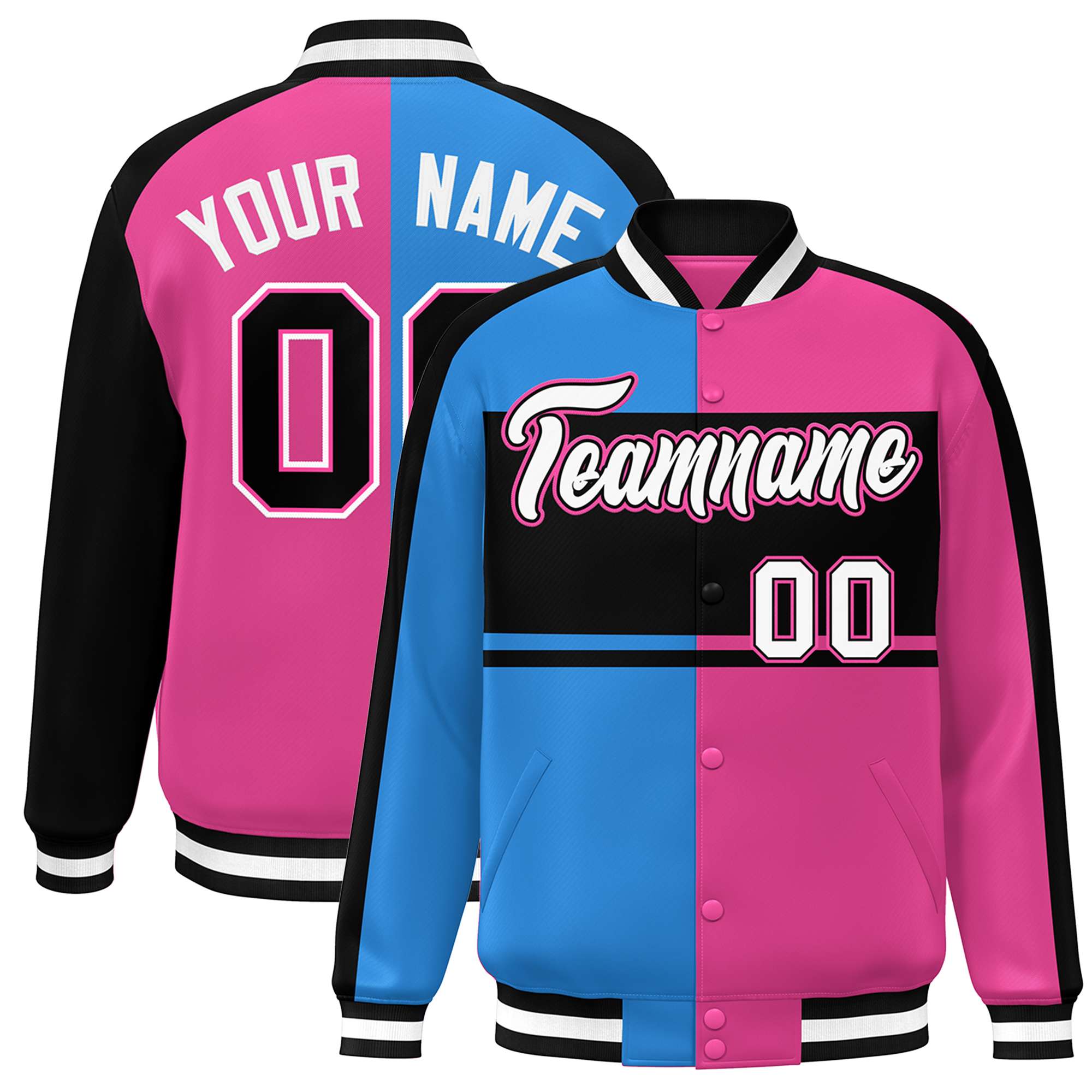 Custom Powder Blue Pink Black-White Color Block Bomber Varsity Baseball Jacket