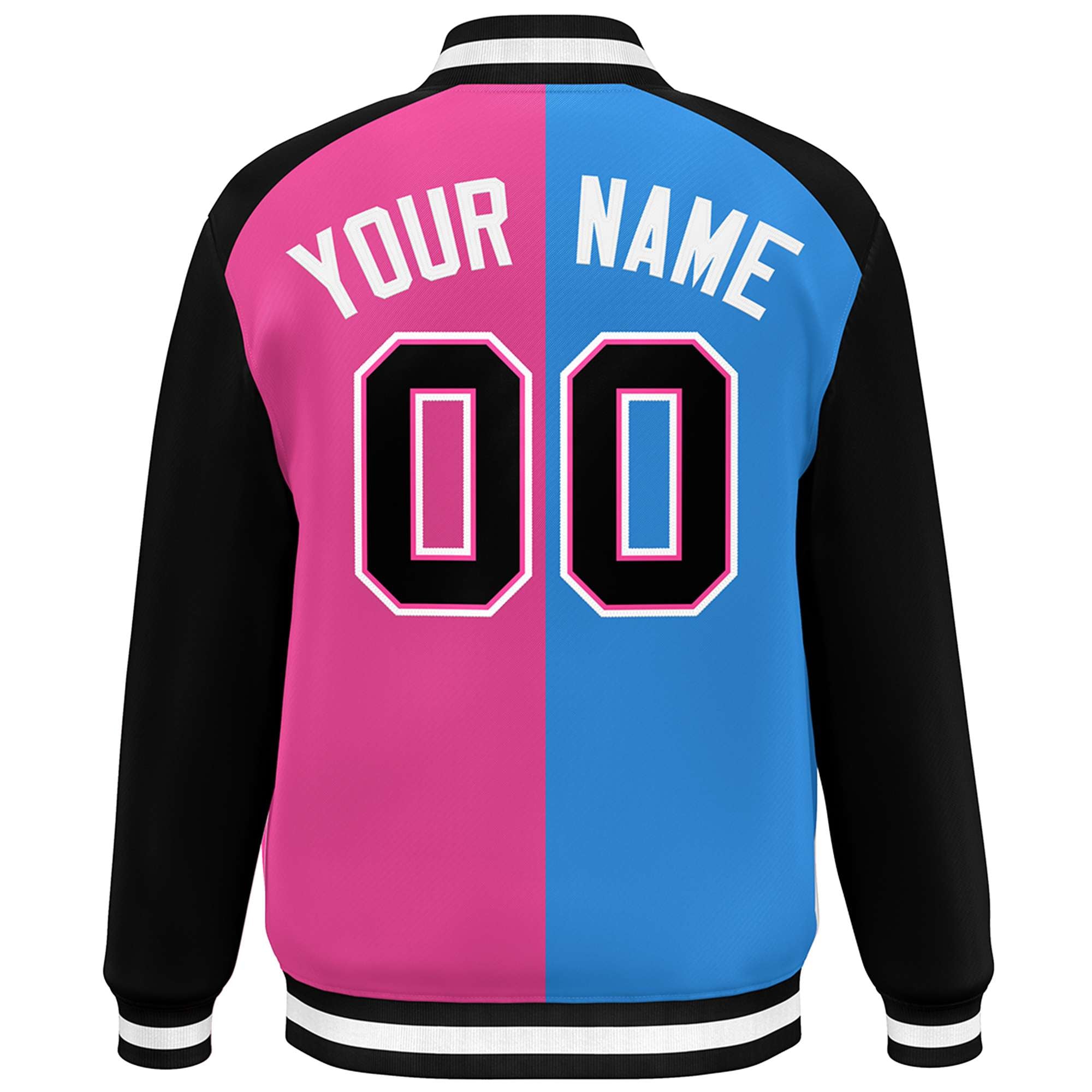 Custom Powder Blue Pink Black-White Color Block Bomber Varsity Baseball Jacket