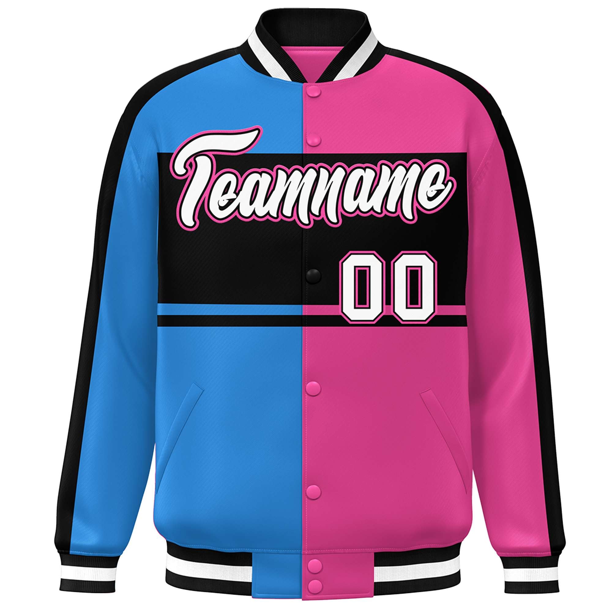 Custom Powder Blue Pink Black-White Color Block Bomber Varsity Baseball Jacket