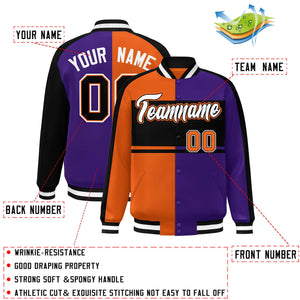 Custom Orange Purple Black-White Color Block Bomber Varsity Baseball Jacket