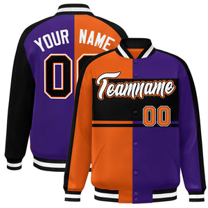 Custom Orange Purple Black-White Color Block Bomber Varsity Baseball Jacket