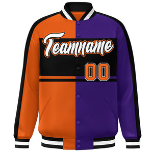 Custom Orange Purple Black-White Color Block Bomber Varsity Baseball Jacket