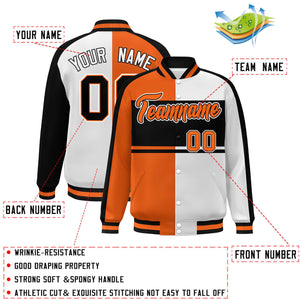 Custom Orange White-Black Color Block Bomber Varsity Baseball Jacket