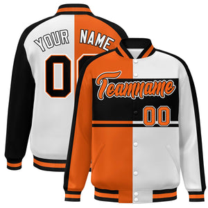 Custom Orange White-Black Color Block Bomber Varsity Baseball Jacket