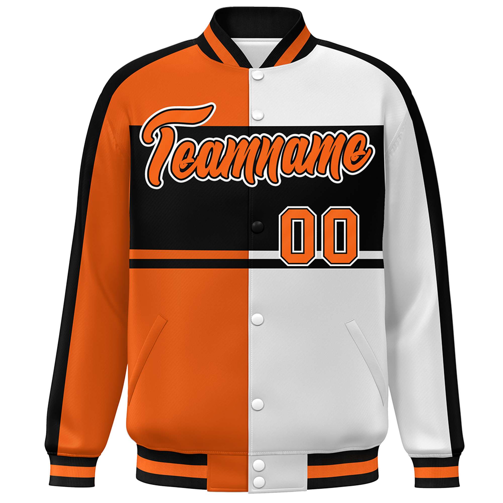 Custom Orange White-Black Color Block Bomber Varsity Baseball Jacket