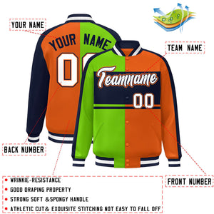 Custom Neon Green Orange Navy-White Color Block Bomber Varsity Baseball Jacket