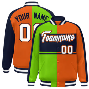 Custom Neon Green Orange Navy-White Color Block Bomber Varsity Baseball Jacket