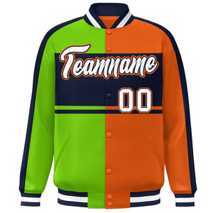 Custom Neon Green Orange Navy-White Color Block Bomber Varsity Baseball Jacket