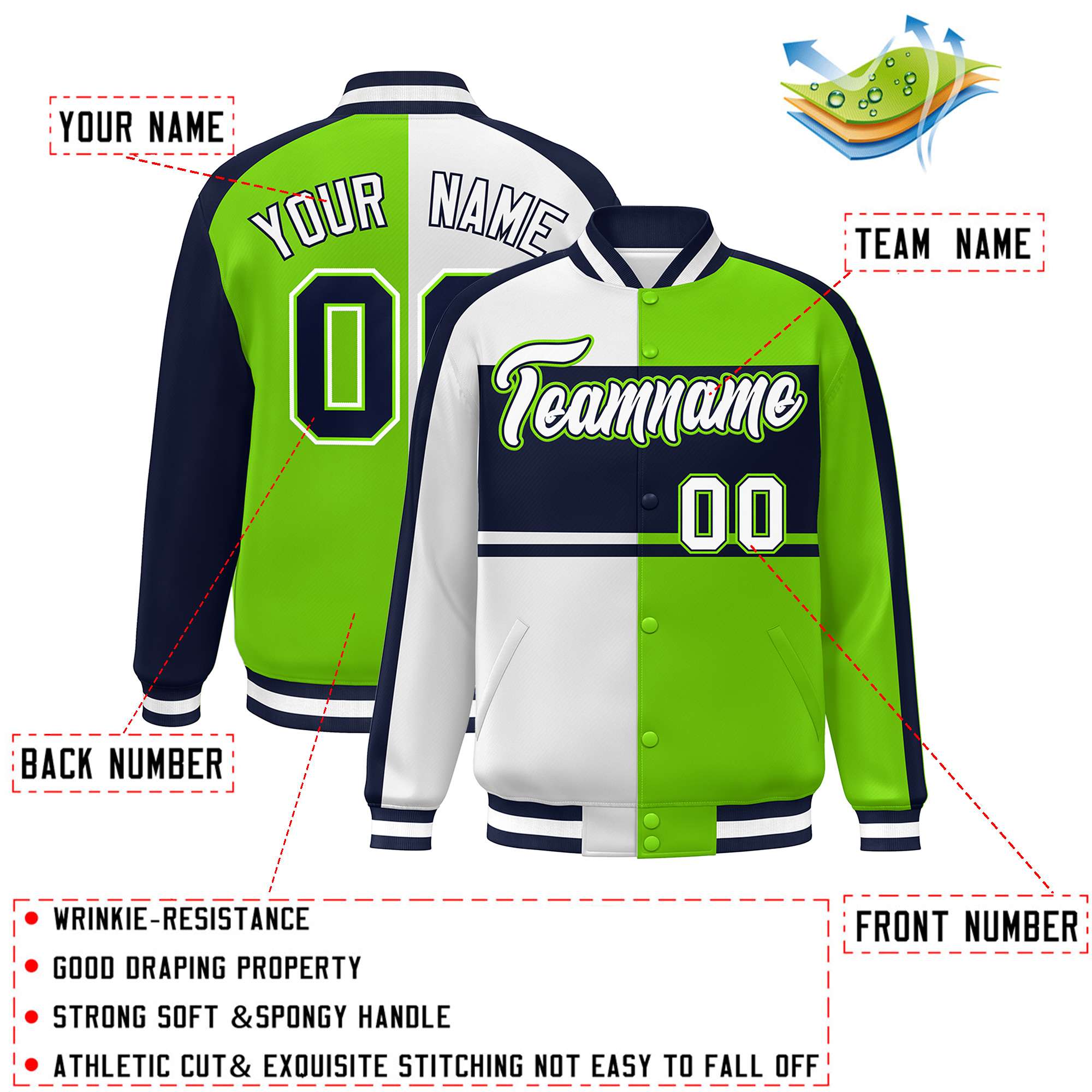 Custom White Neon Green-Navy Color Block Bomber Varsity Baseball Jacket