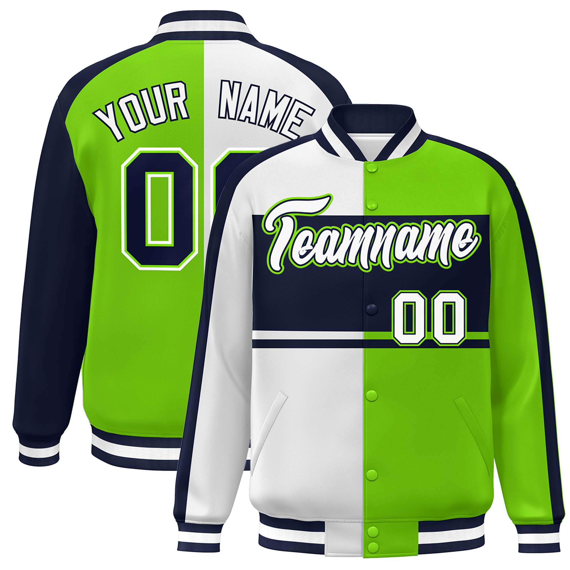 Custom White Neon Green-Navy Color Block Bomber Varsity Baseball Jacket