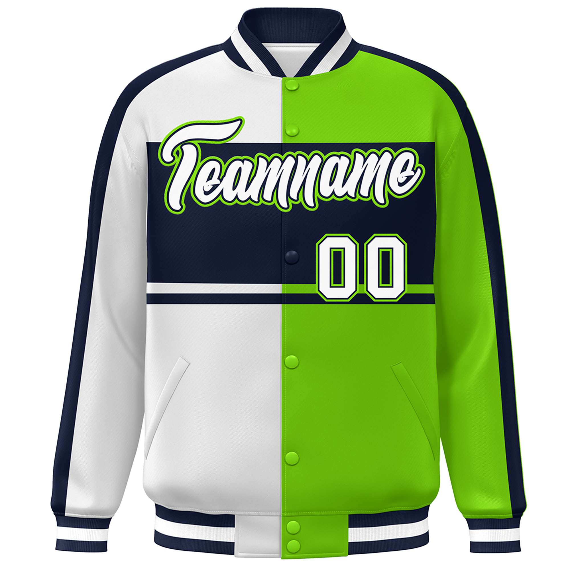 Custom White Neon Green-Navy Color Block Bomber Varsity Baseball Jacket