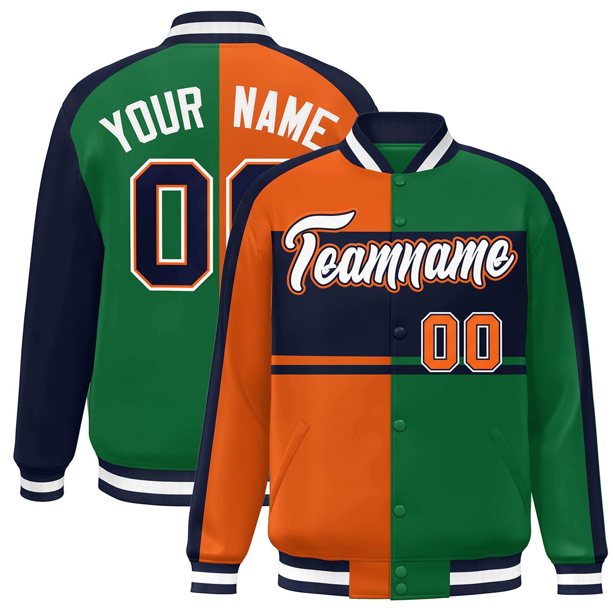 Custom Orange Green Navy-White Color Block Bomber Varsity Baseball Jacket