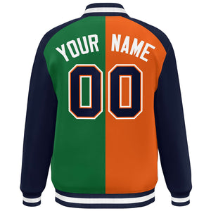 Custom Orange Green Navy-White Color Block Bomber Varsity Baseball Jacket