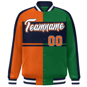 Custom Orange Green Navy-White Color Block Bomber Varsity Baseball Jacket