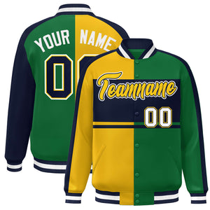 Custom Gold Green Navy-White Color Block Bomber Varsity Baseball Jacket