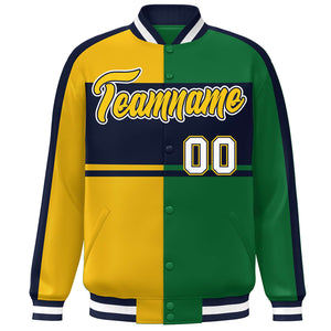 Custom Gold Green Navy-White Color Block Bomber Varsity Baseball Jacket