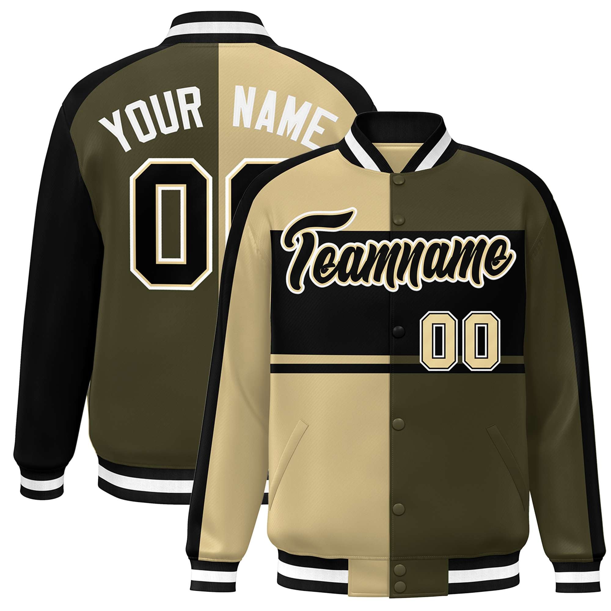 Custom Khaki Olive Black-White Color Block Bomber Varsity Baseball Jacket