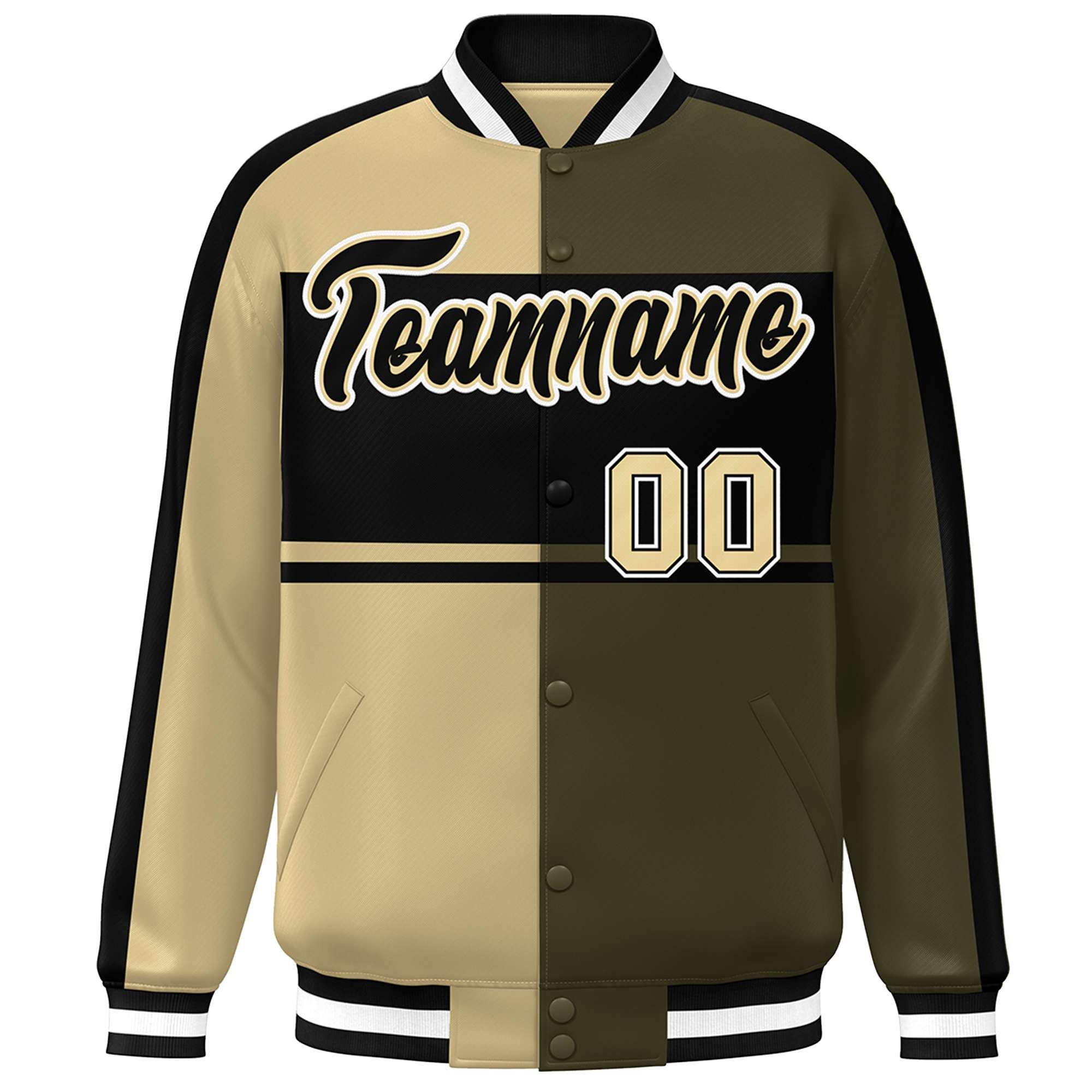 Custom Khaki Olive Black-White Color Block Bomber Varsity Baseball Jacket