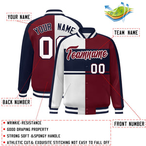 Custom White Crimson-Navy Color Block Bomber Varsity Full-Snap Baseball Jacket