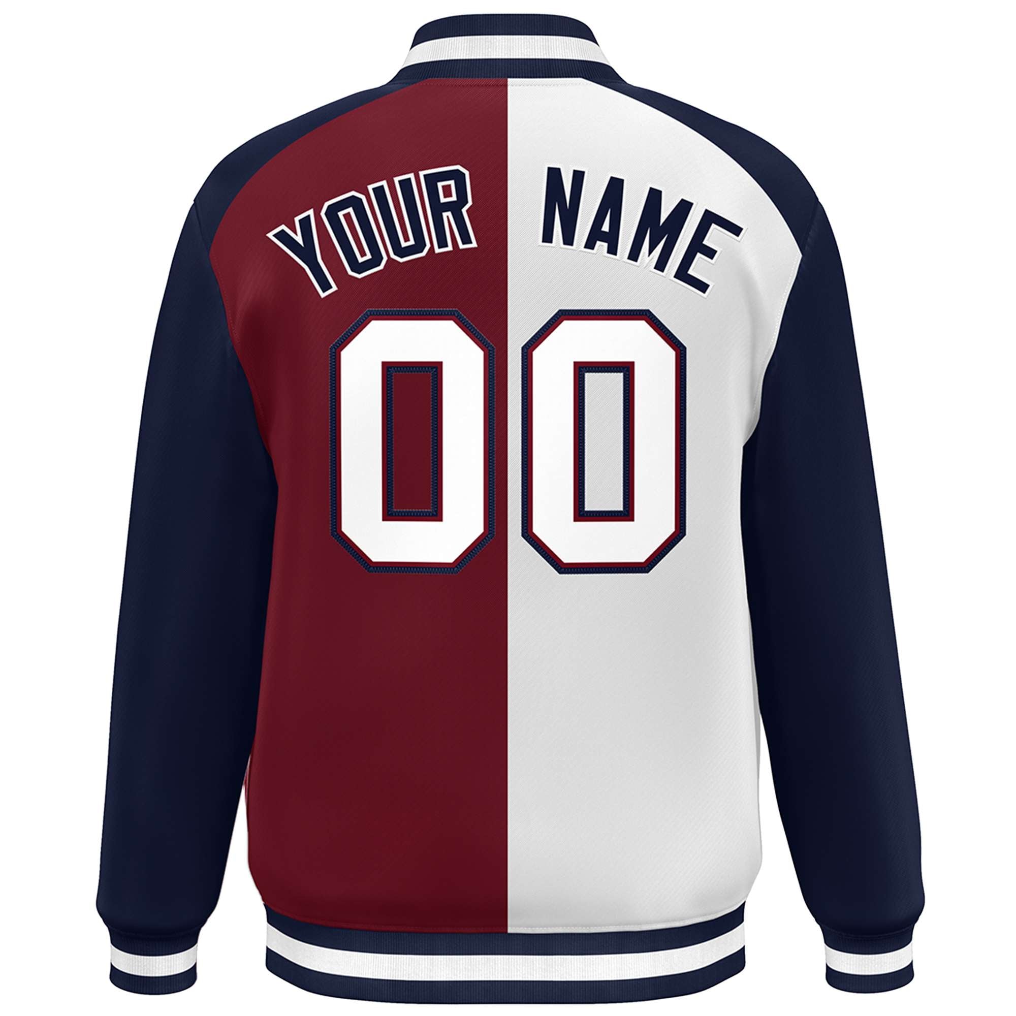 Custom White Crimson-Navy Color Block Bomber Varsity Full-Snap Baseball Jacket