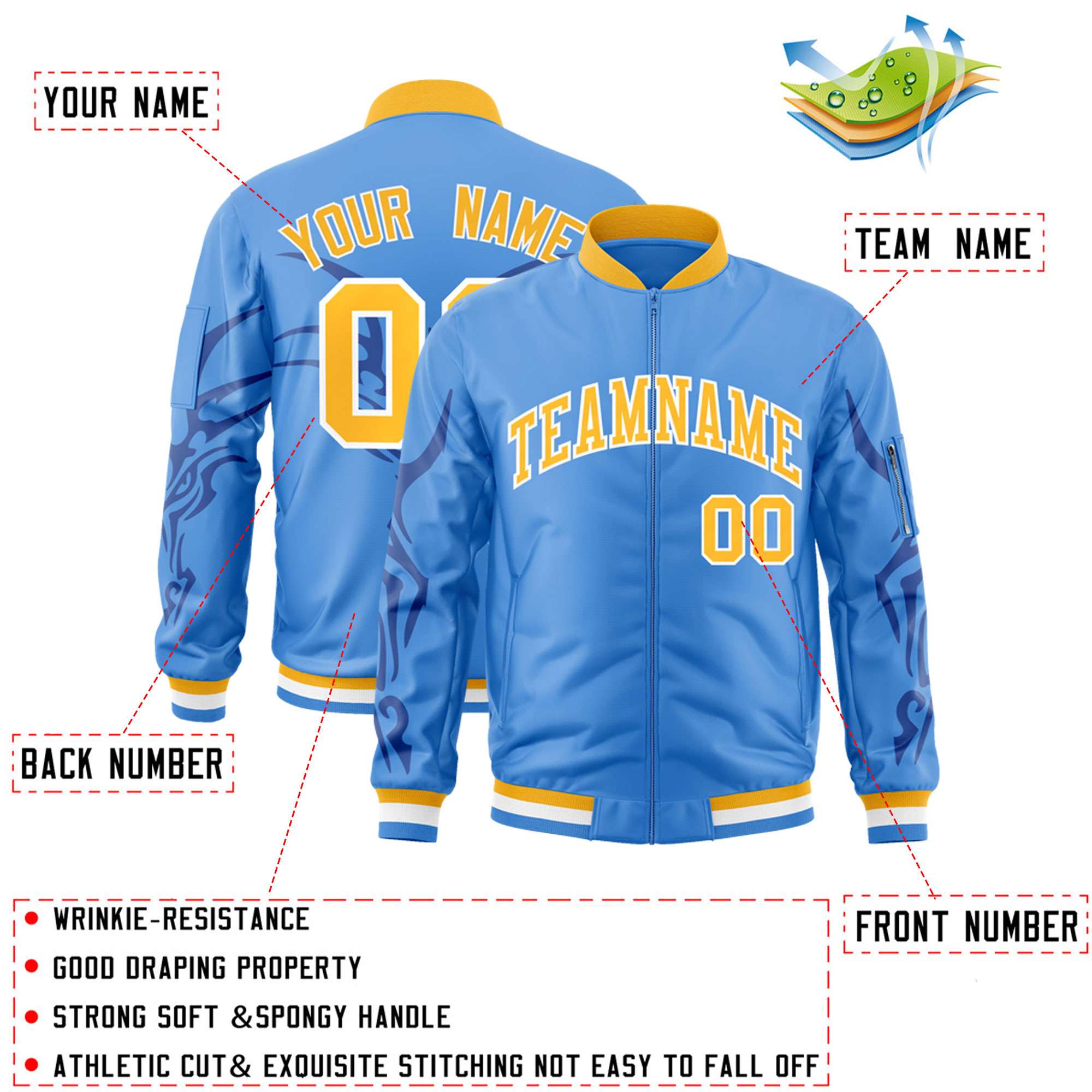 Custom Powder Blue Gold Varsity Full-Zip Dragon Head Graffiti Pattern Letterman Bomber Jacket