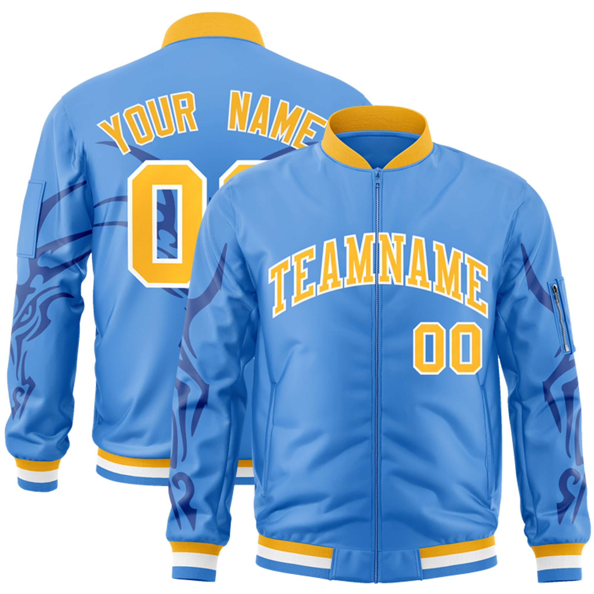 Custom Powder Blue Gold Varsity Full-Zip Dragon Head Graffiti Pattern Letterman Bomber Jacket